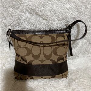 Coach Brown Signature Canvas Shoulder Bag with Leather Trim